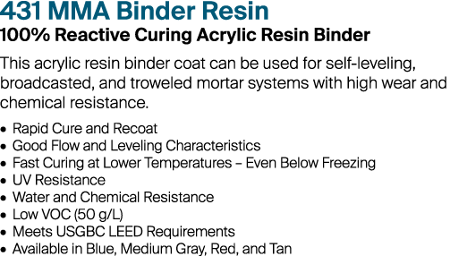431 MMA Binder Resin 100% Reactive Curing Acrylic Resin Binder This acrylic resin binder coat can be used for self-le...