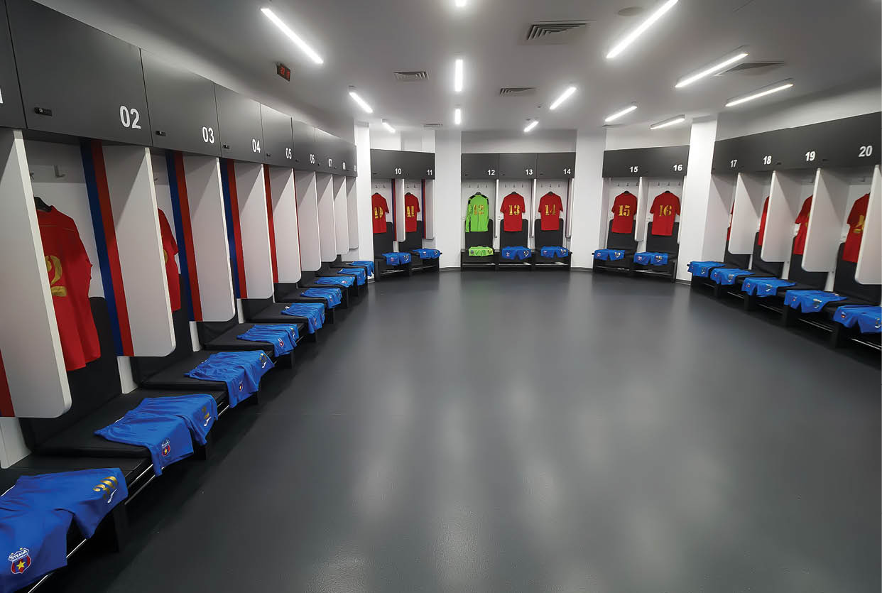Bucharest, Romania - November 27, 2020: Steaua Bucharest football team locker room on the new Steaua Stadium in a press event on the reception day by the Romanian Premier. Image for editorial use only