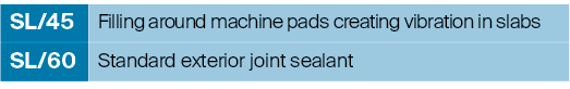 SL/45,Filling around machine pads creating vibration in slabs,SL/60,Standard exterior joint sealant
